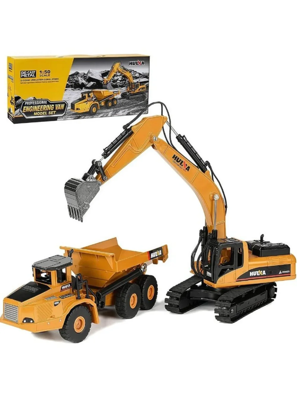 Heavy Duty Construction Dump Truck & Excavator Toy Set, 1:50 Scale Diecast for